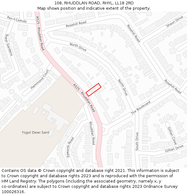 108, RHUDDLAN ROAD, RHYL, LL18 2RD: Location map and indicative extent of plot