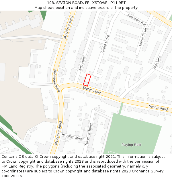 108, SEATON ROAD, FELIXSTOWE, IP11 9BT: Location map and indicative extent of plot