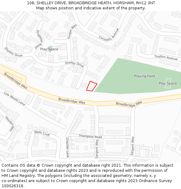 108, SHELLEY DRIVE, BROADBRIDGE HEATH, HORSHAM, RH12 3NT: Location map and indicative extent of plot