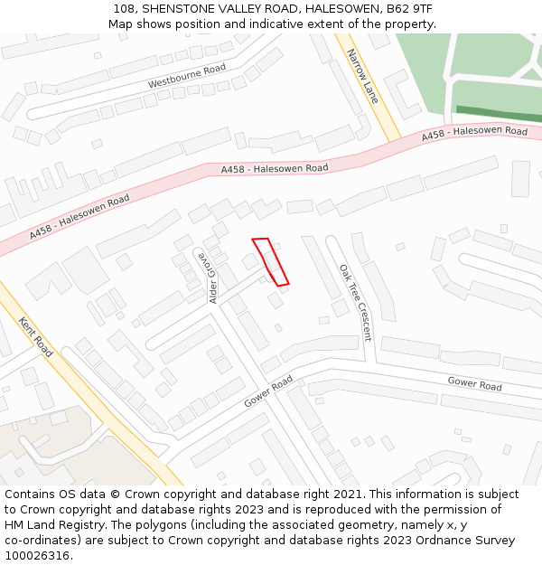 108, SHENSTONE VALLEY ROAD, HALESOWEN, B62 9TF: Location map and indicative extent of plot