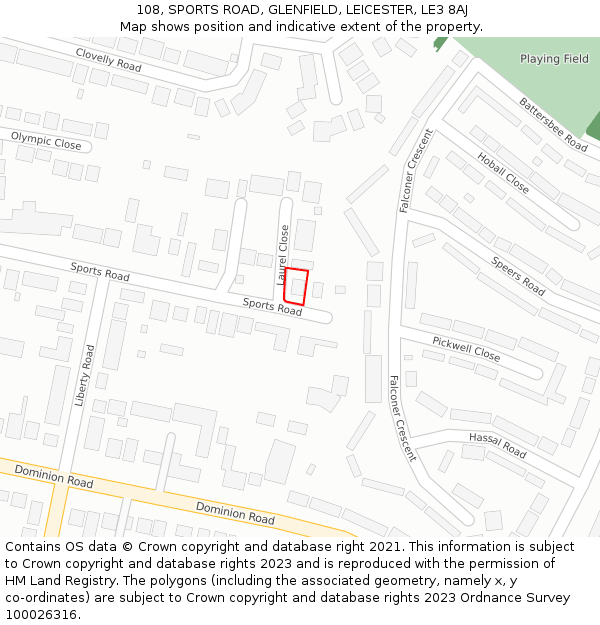 108, SPORTS ROAD, GLENFIELD, LEICESTER, LE3 8AJ: Location map and indicative extent of plot