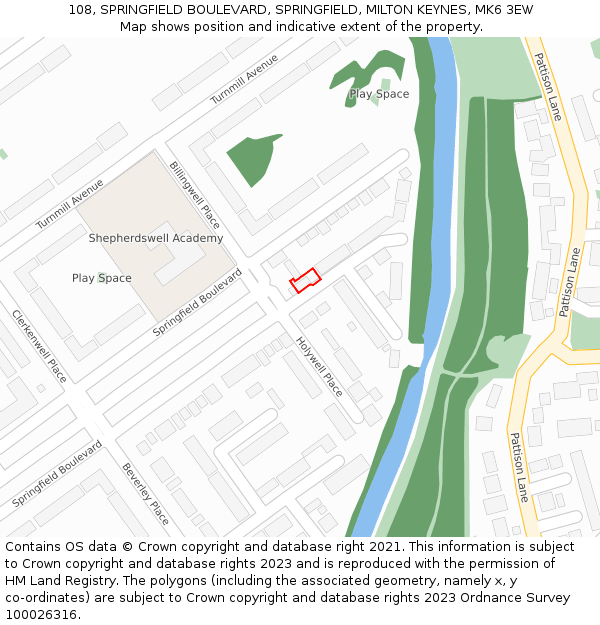 108, SPRINGFIELD BOULEVARD, SPRINGFIELD, MILTON KEYNES, MK6 3EW: Location map and indicative extent of plot