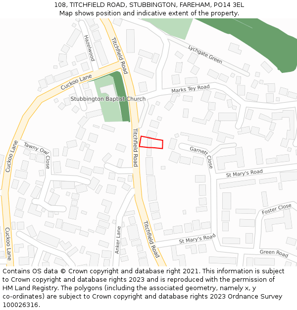 108, TITCHFIELD ROAD, STUBBINGTON, FAREHAM, PO14 3EL: Location map and indicative extent of plot