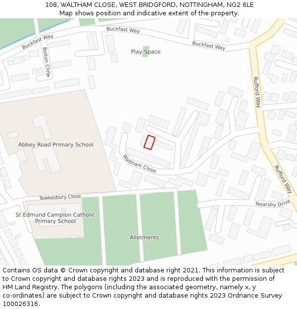 108, WALTHAM CLOSE, WEST BRIDGFORD, NOTTINGHAM, NG2 6LE: Location map and indicative extent of plot