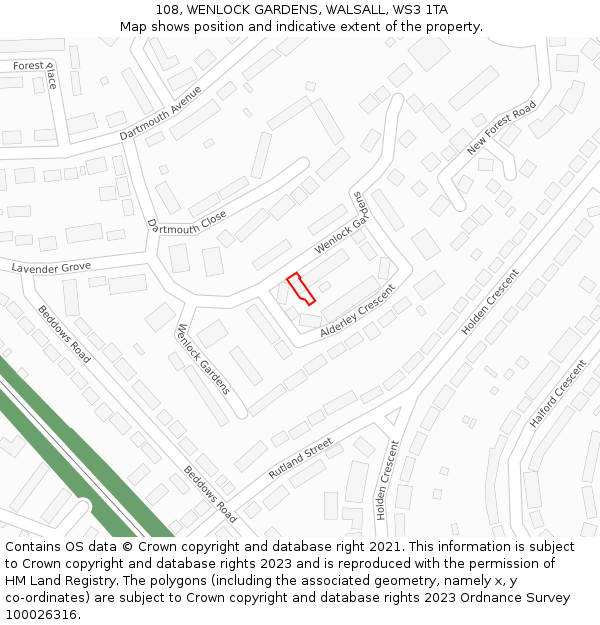 108, WENLOCK GARDENS, WALSALL, WS3 1TA: Location map and indicative extent of plot