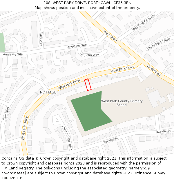 108, WEST PARK DRIVE, PORTHCAWL, CF36 3RN: Location map and indicative extent of plot