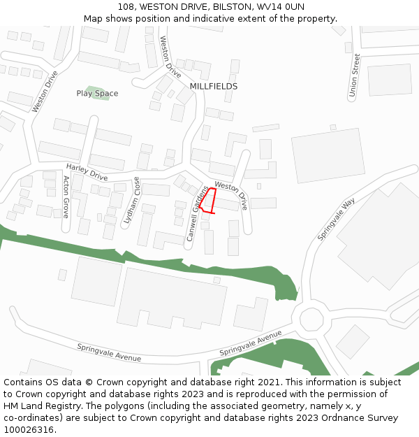 108, WESTON DRIVE, BILSTON, WV14 0UN: Location map and indicative extent of plot