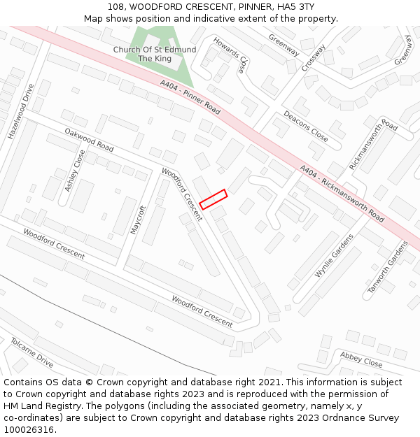 108, WOODFORD CRESCENT, PINNER, HA5 3TY: Location map and indicative extent of plot