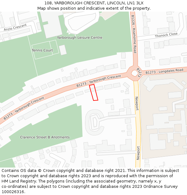 108, YARBOROUGH CRESCENT, LINCOLN, LN1 3LX: Location map and indicative extent of plot