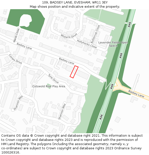 109, BADSEY LANE, EVESHAM, WR11 3EY: Location map and indicative extent of plot