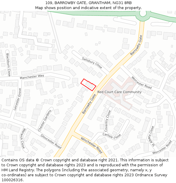 109, BARROWBY GATE, GRANTHAM, NG31 8RB: Location map and indicative extent of plot