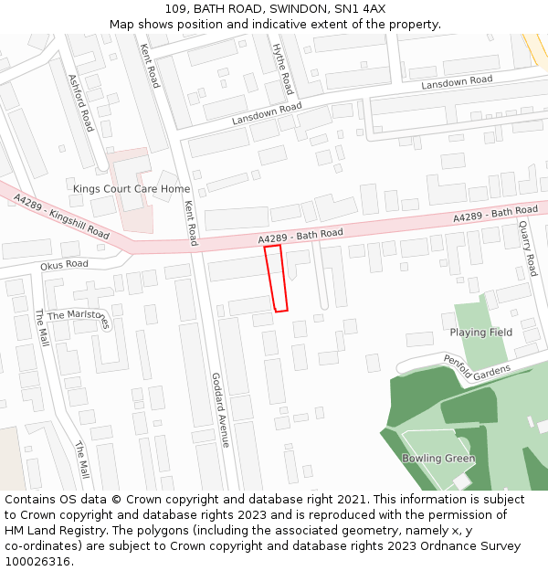 109, BATH ROAD, SWINDON, SN1 4AX: Location map and indicative extent of plot