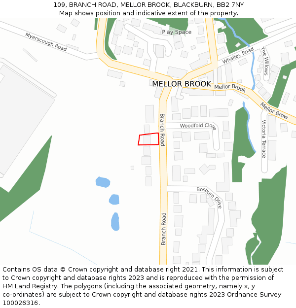 109, BRANCH ROAD, MELLOR BROOK, BLACKBURN, BB2 7NY: Location map and indicative extent of plot