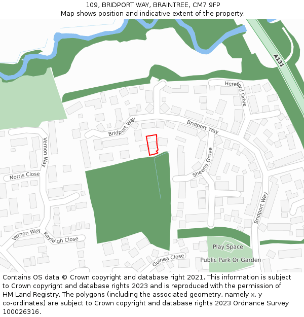 109, BRIDPORT WAY, BRAINTREE, CM7 9FP: Location map and indicative extent of plot