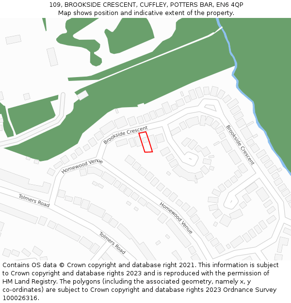 109, BROOKSIDE CRESCENT, CUFFLEY, POTTERS BAR, EN6 4QP: Location map and indicative extent of plot