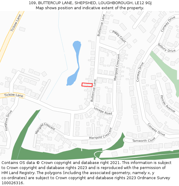 109, BUTTERCUP LANE, SHEPSHED, LOUGHBOROUGH, LE12 9GJ: Location map and indicative extent of plot