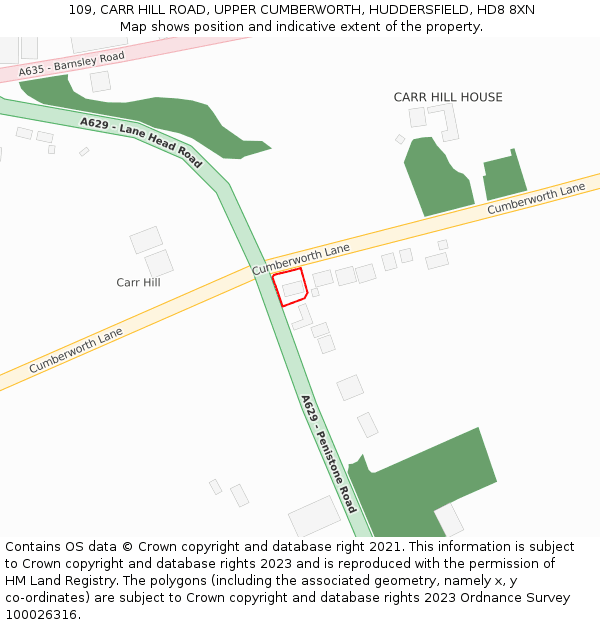 109, CARR HILL ROAD, UPPER CUMBERWORTH, HUDDERSFIELD, HD8 8XN: Location map and indicative extent of plot