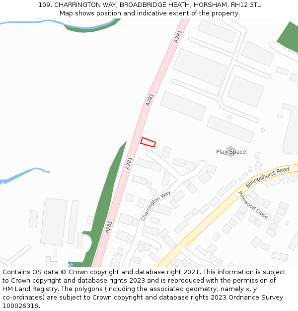 109, CHARRINGTON WAY, BROADBRIDGE HEATH, HORSHAM, RH12 3TL: Location map and indicative extent of plot