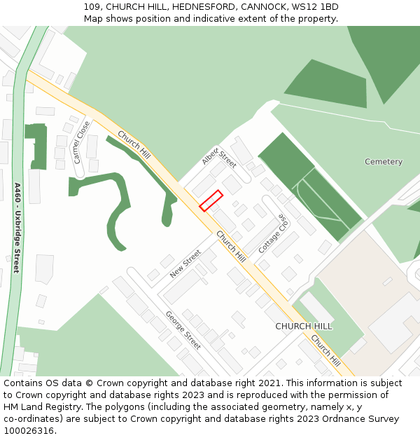 109, CHURCH HILL, HEDNESFORD, CANNOCK, WS12 1BD: Location map and indicative extent of plot