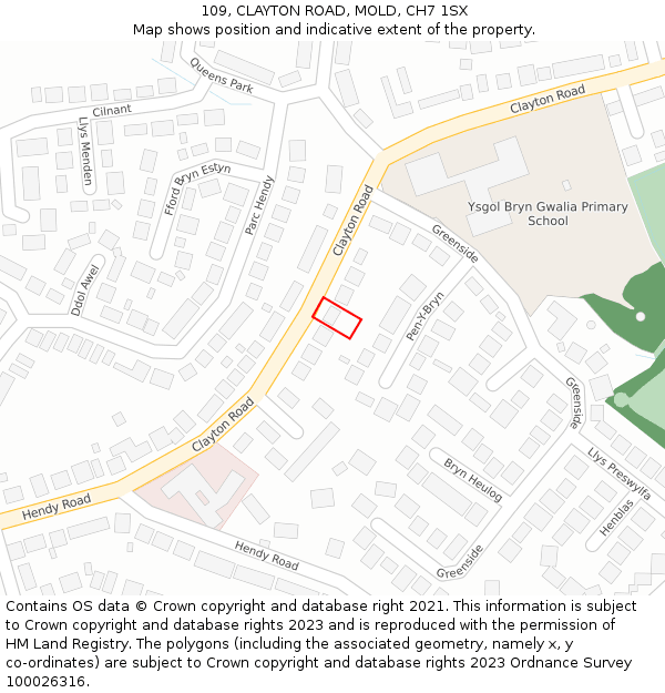 109, CLAYTON ROAD, MOLD, CH7 1SX: Location map and indicative extent of plot