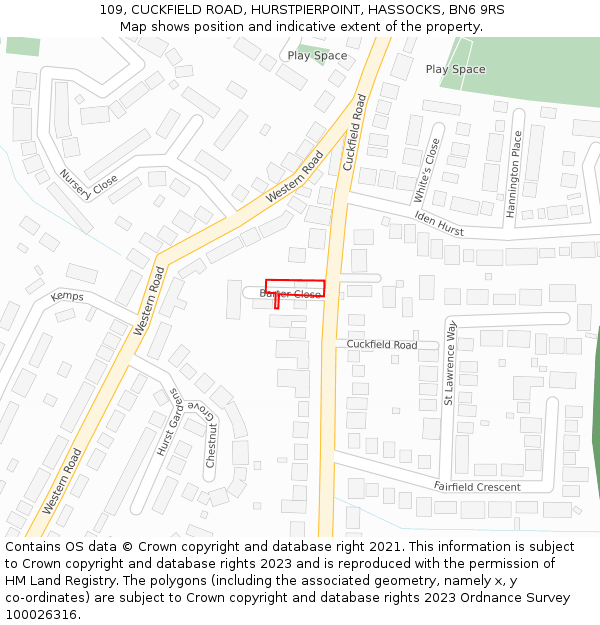 109, CUCKFIELD ROAD, HURSTPIERPOINT, HASSOCKS, BN6 9RS: Location map and indicative extent of plot