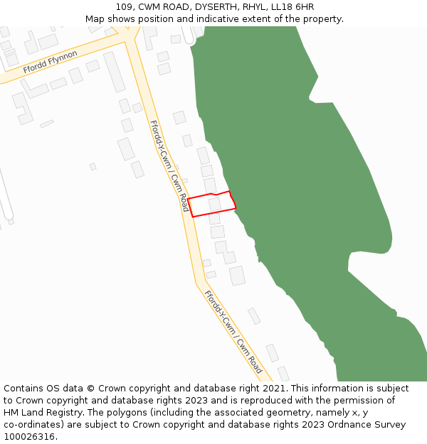 109, CWM ROAD, DYSERTH, RHYL, LL18 6HR: Location map and indicative extent of plot
