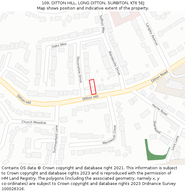 109, DITTON HILL, LONG DITTON, SURBITON, KT6 5EJ: Location map and indicative extent of plot