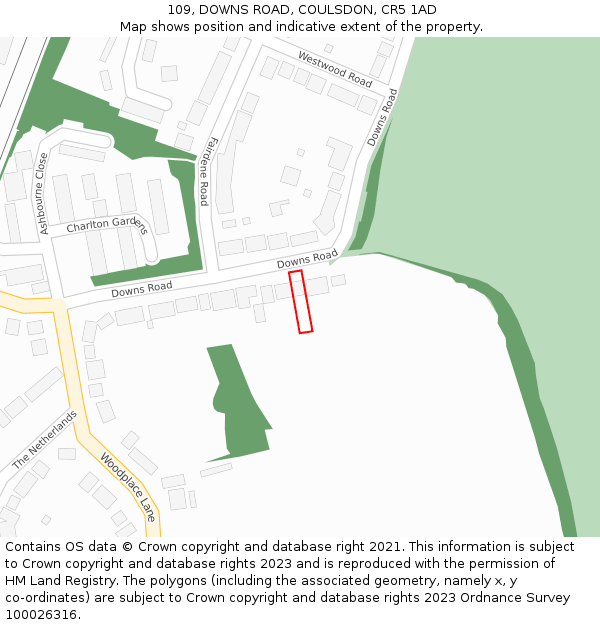 109, DOWNS ROAD, COULSDON, CR5 1AD: Location map and indicative extent of plot