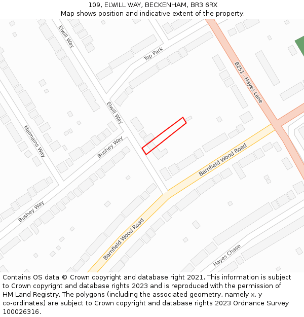 109, ELWILL WAY, BECKENHAM, BR3 6RX: Location map and indicative extent of plot