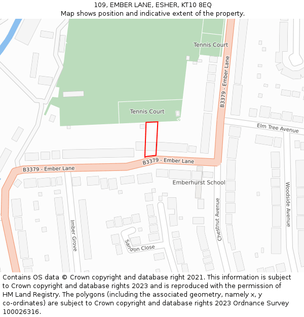 109, EMBER LANE, ESHER, KT10 8EQ: Location map and indicative extent of plot