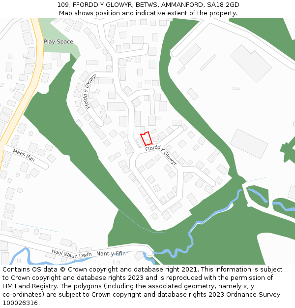 109, FFORDD Y GLOWYR, BETWS, AMMANFORD, SA18 2GD: Location map and indicative extent of plot