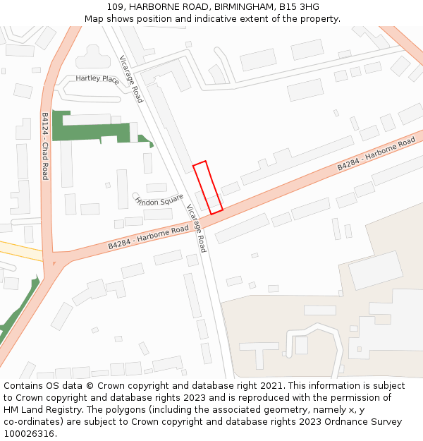 109, HARBORNE ROAD, BIRMINGHAM, B15 3HG: Location map and indicative extent of plot