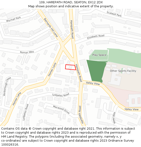 109, HAREPATH ROAD, SEATON, EX12 2DX: Location map and indicative extent of plot