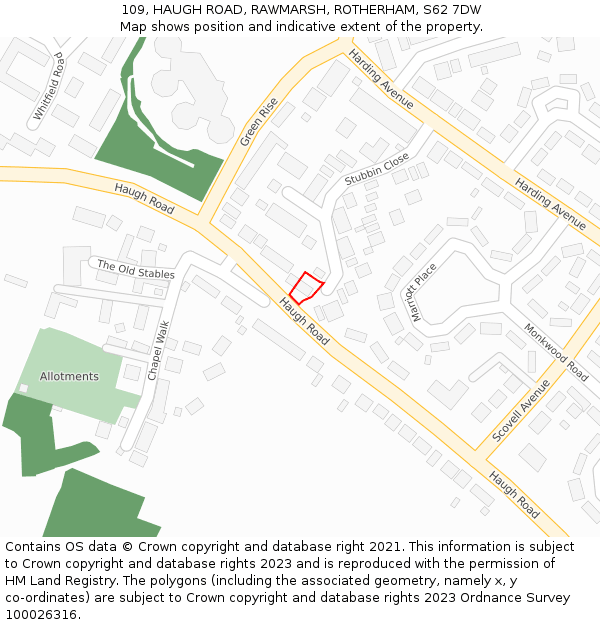 109, HAUGH ROAD, RAWMARSH, ROTHERHAM, S62 7DW: Location map and indicative extent of plot