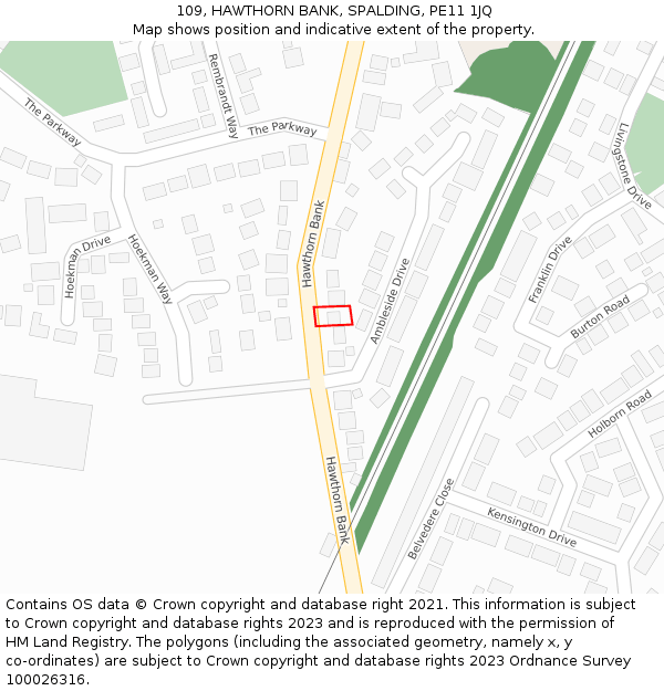 109, HAWTHORN BANK, SPALDING, PE11 1JQ: Location map and indicative extent of plot