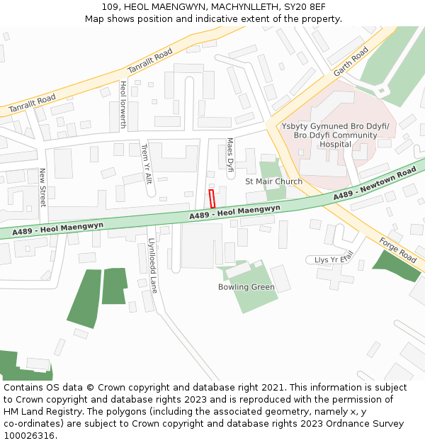 109, HEOL MAENGWYN, MACHYNLLETH, SY20 8EF: Location map and indicative extent of plot