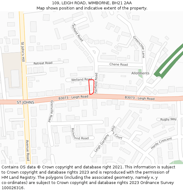 109, LEIGH ROAD, WIMBORNE, BH21 2AA: Location map and indicative extent of plot