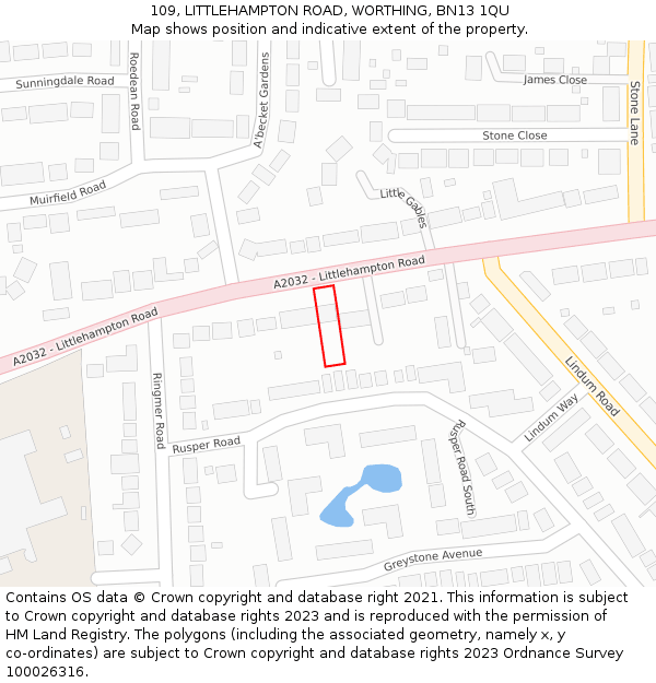 109, LITTLEHAMPTON ROAD, WORTHING, BN13 1QU: Location map and indicative extent of plot