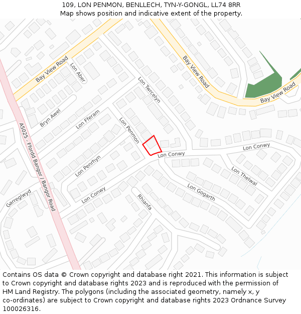 109, LON PENMON, BENLLECH, TYN-Y-GONGL, LL74 8RR: Location map and indicative extent of plot