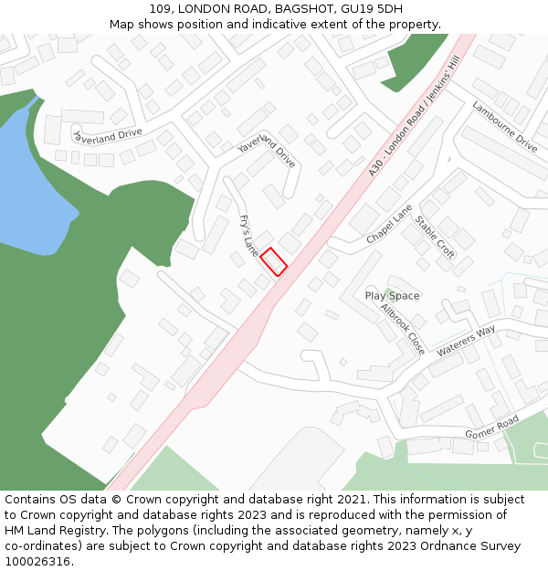 109, LONDON ROAD, BAGSHOT, GU19 5DH: Location map and indicative extent of plot