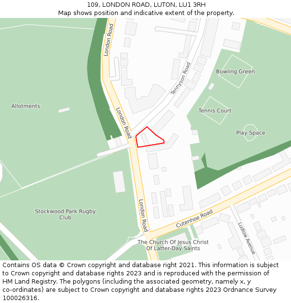 109, LONDON ROAD, LUTON, LU1 3RH: Location map and indicative extent of plot