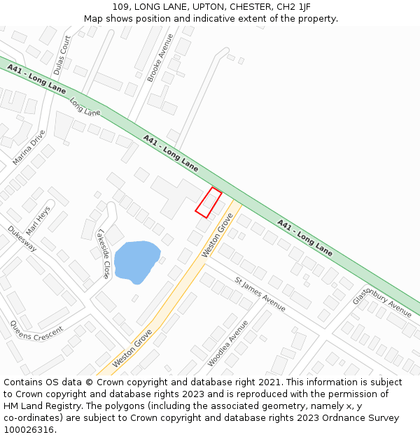 109, LONG LANE, UPTON, CHESTER, CH2 1JF: Location map and indicative extent of plot