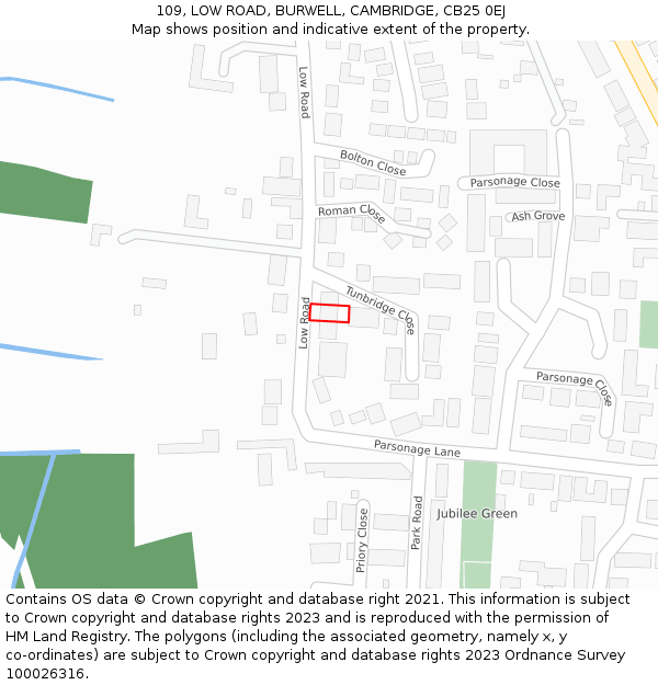 109, LOW ROAD, BURWELL, CAMBRIDGE, CB25 0EJ: Location map and indicative extent of plot
