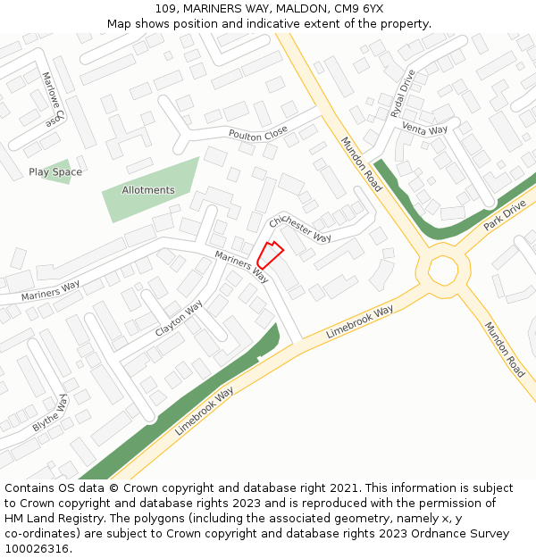 109, MARINERS WAY, MALDON, CM9 6YX: Location map and indicative extent of plot