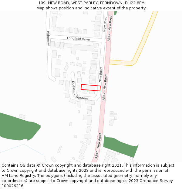 109, NEW ROAD, WEST PARLEY, FERNDOWN, BH22 8EA: Location map and indicative extent of plot