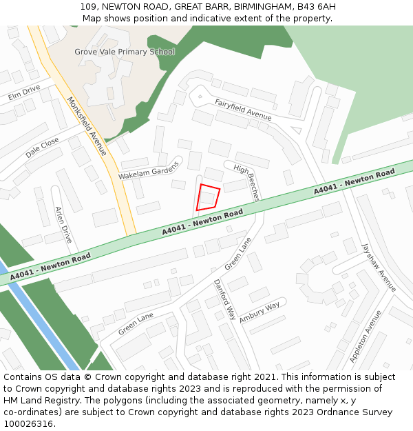 109, NEWTON ROAD, GREAT BARR, BIRMINGHAM, B43 6AH: Location map and indicative extent of plot