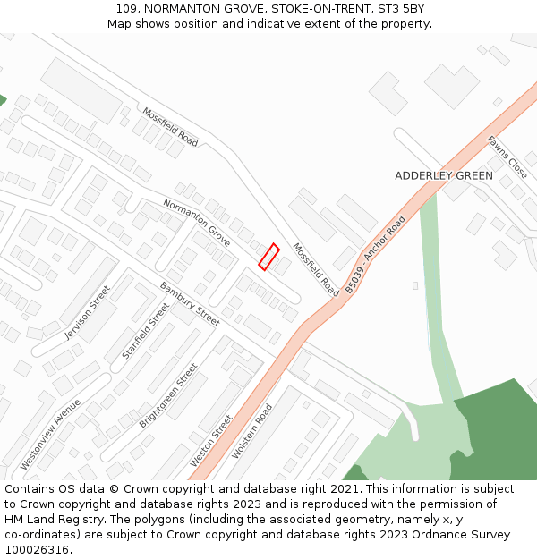 109, NORMANTON GROVE, STOKE-ON-TRENT, ST3 5BY: Location map and indicative extent of plot