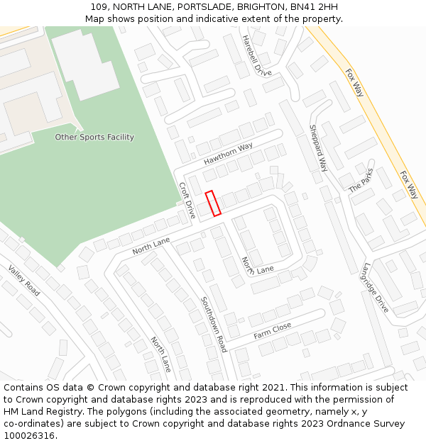 109, NORTH LANE, PORTSLADE, BRIGHTON, BN41 2HH: Location map and indicative extent of plot