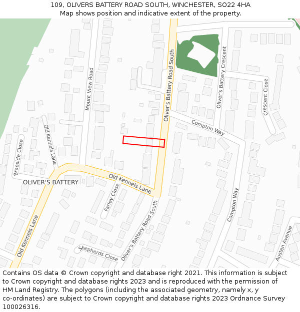 109, OLIVERS BATTERY ROAD SOUTH, WINCHESTER, SO22 4HA: Location map and indicative extent of plot