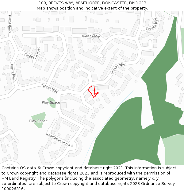 109, REEVES WAY, ARMTHORPE, DONCASTER, DN3 2FB: Location map and indicative extent of plot